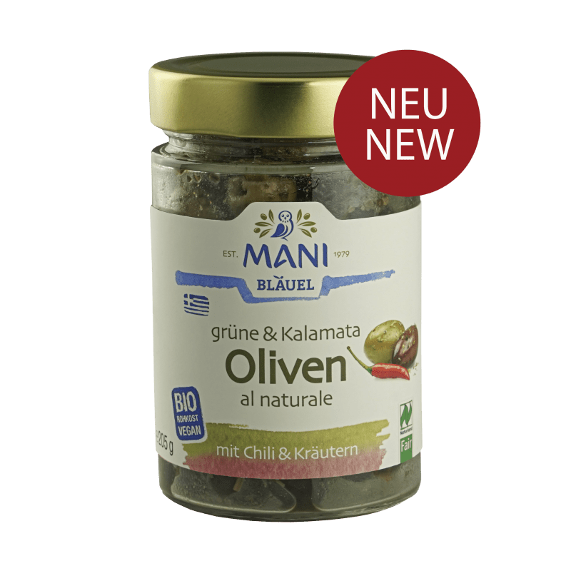 Mani Blauel Green & Kalamata Olives with Chilli & Herbs 205g